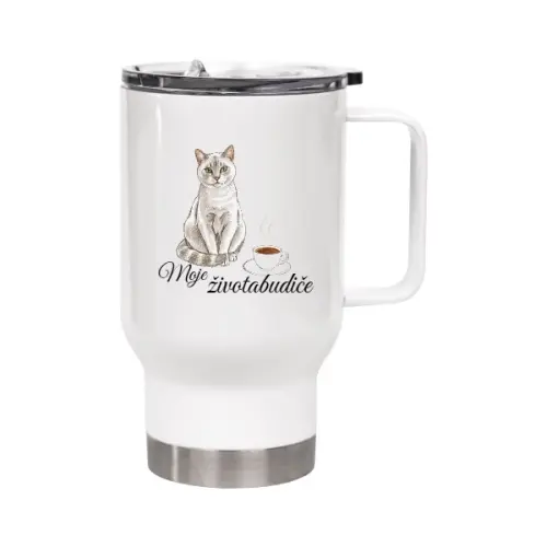 Cestovní termohrnek s uchem s obrázkem kočky, šálku kávy a nápisem "Moje životabudiče" Termohrnek s uchem s potiskem Kočka a káva – moje životabudiče
